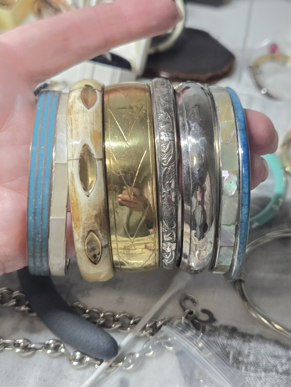 Mixed Metal and Inlay Bangle Bracelet Set - Blue, Gold, Silver, Cream